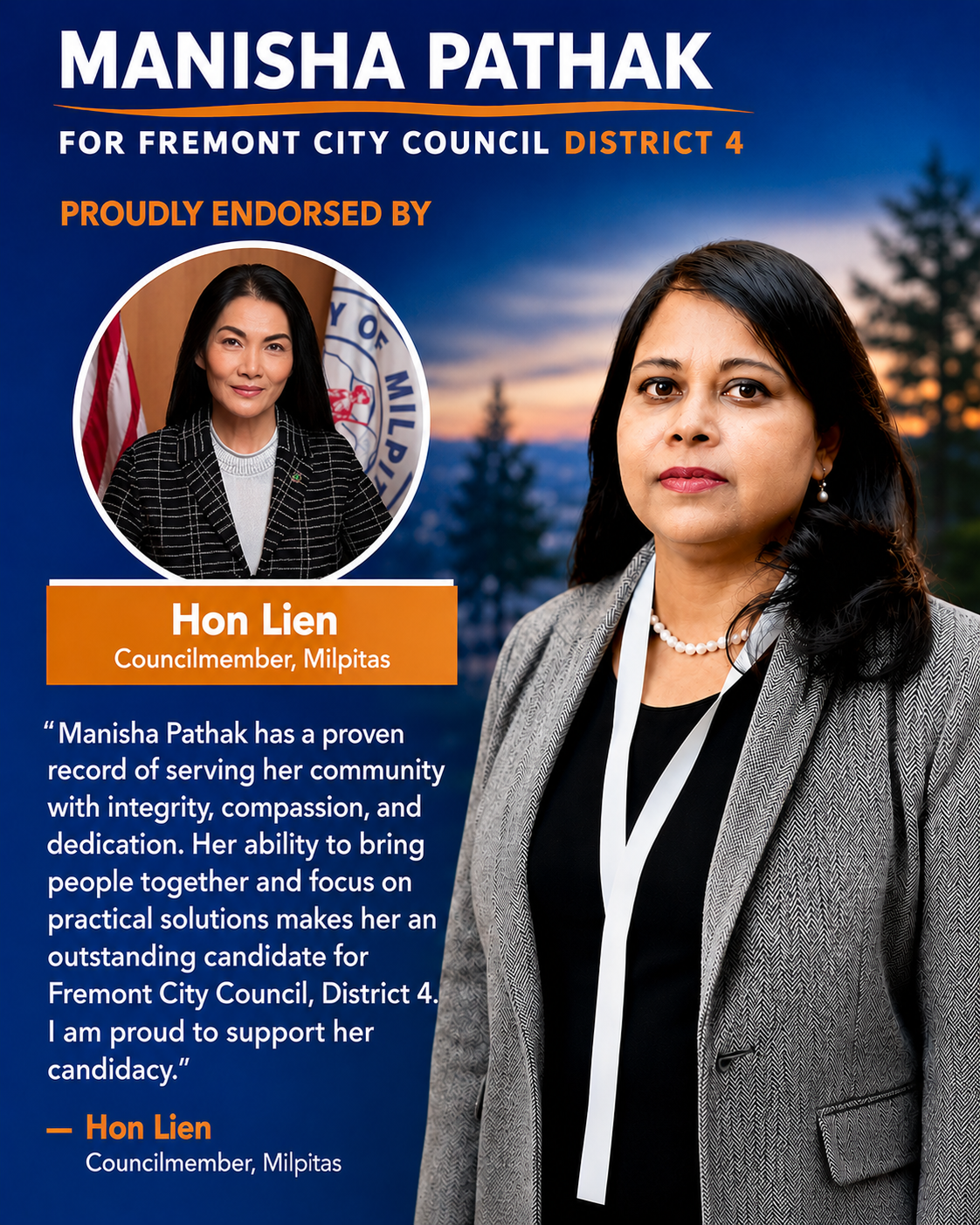 Hon Lien endorsement for Manisha Pathak