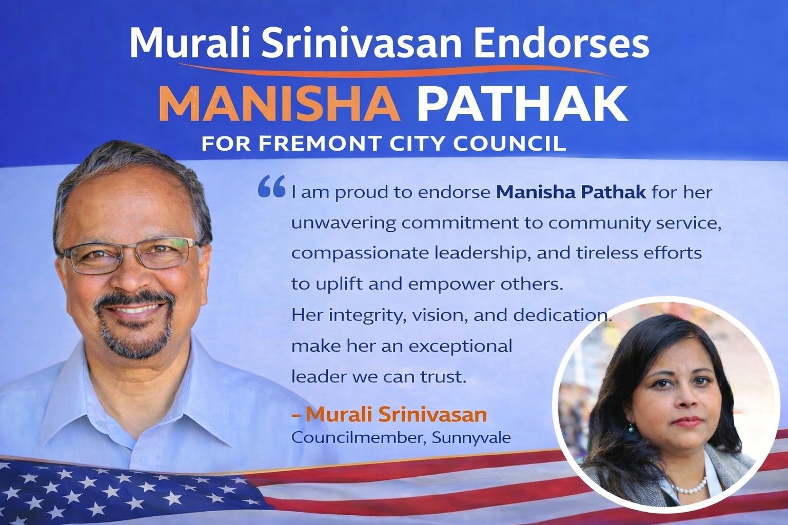 Murli Srinivasan endorsement for Manisha Pathak