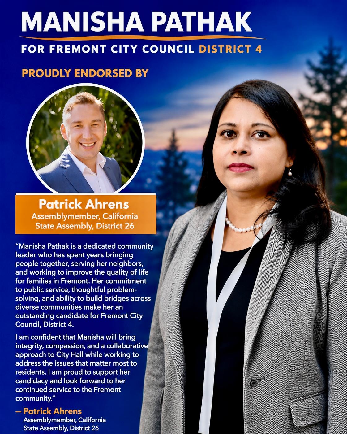 Patrick Ahrens endorsement for Manisha Pathak
